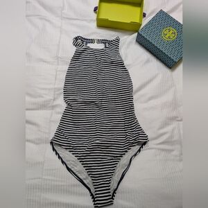 Tory Burch Classic High Neck One Piece Navy Blue White Stripe Large New!